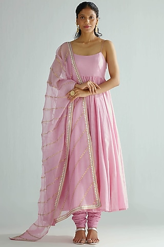 Pink Chanderi & Mul Mul Embroidered Anarkali Set by Priyal Prakash