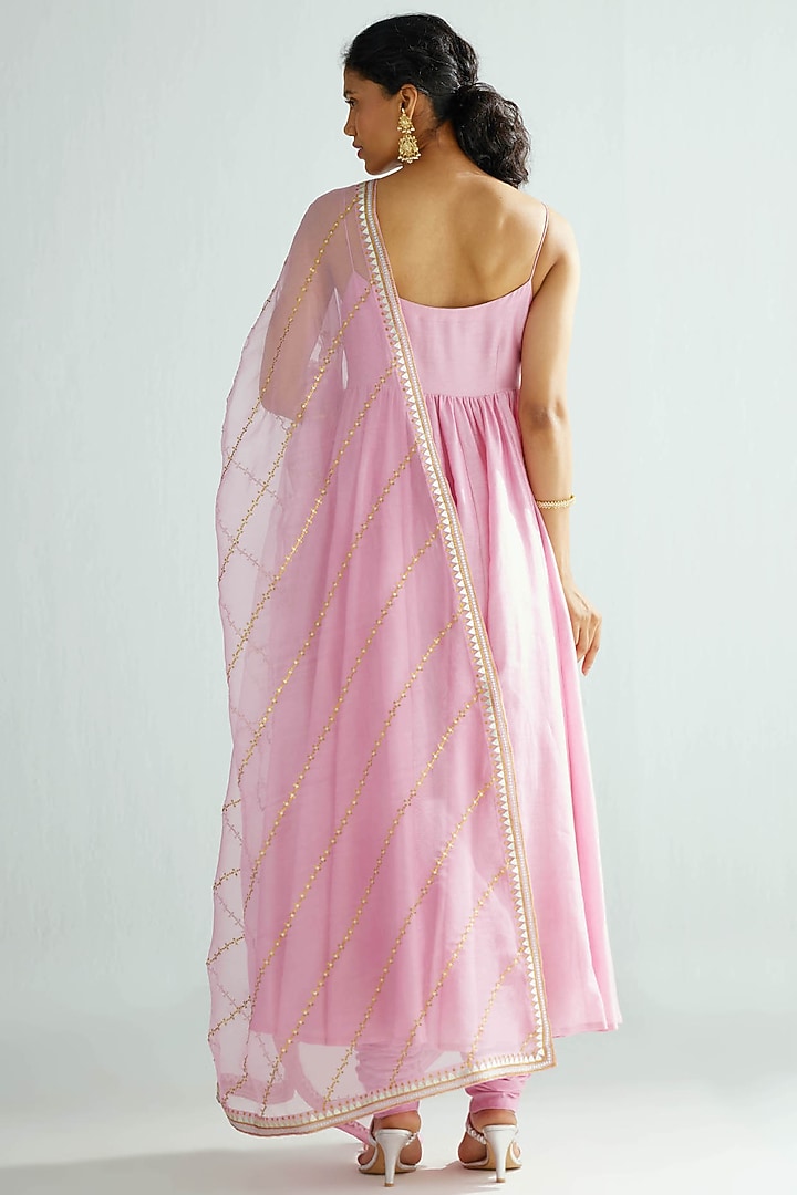 Pink Chanderi & Mul Mul Embroidered Party Wear Anarkali Set by Priyal Prakash at Pernia's Pop Up Shop