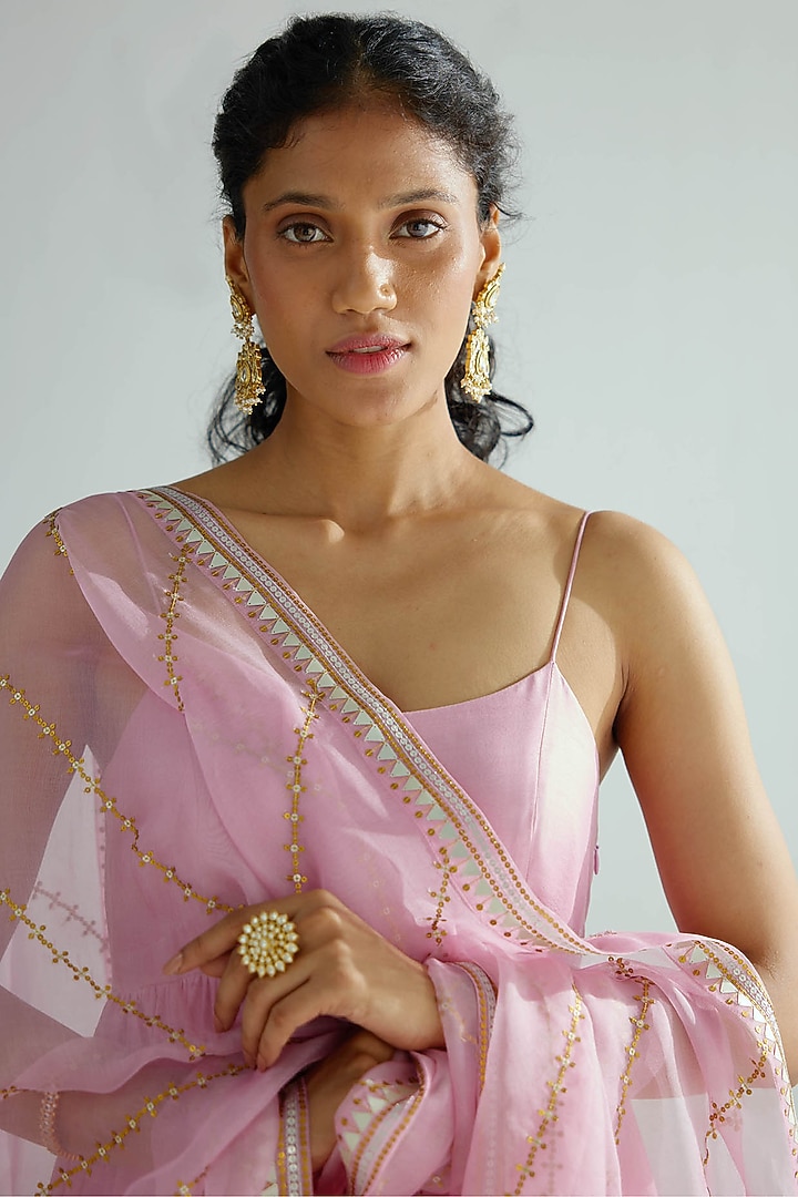Pink Chanderi & Mul Mul Embroidered Party Wear Anarkali Set by Priyal Prakash at Pernia's Pop Up Shop