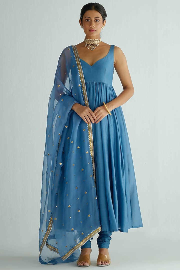 Blue Chanderi & Mul Mul Embroidered Party Wear Anarkali Set by Priyal Prakash at Pernia's Pop Up Shop