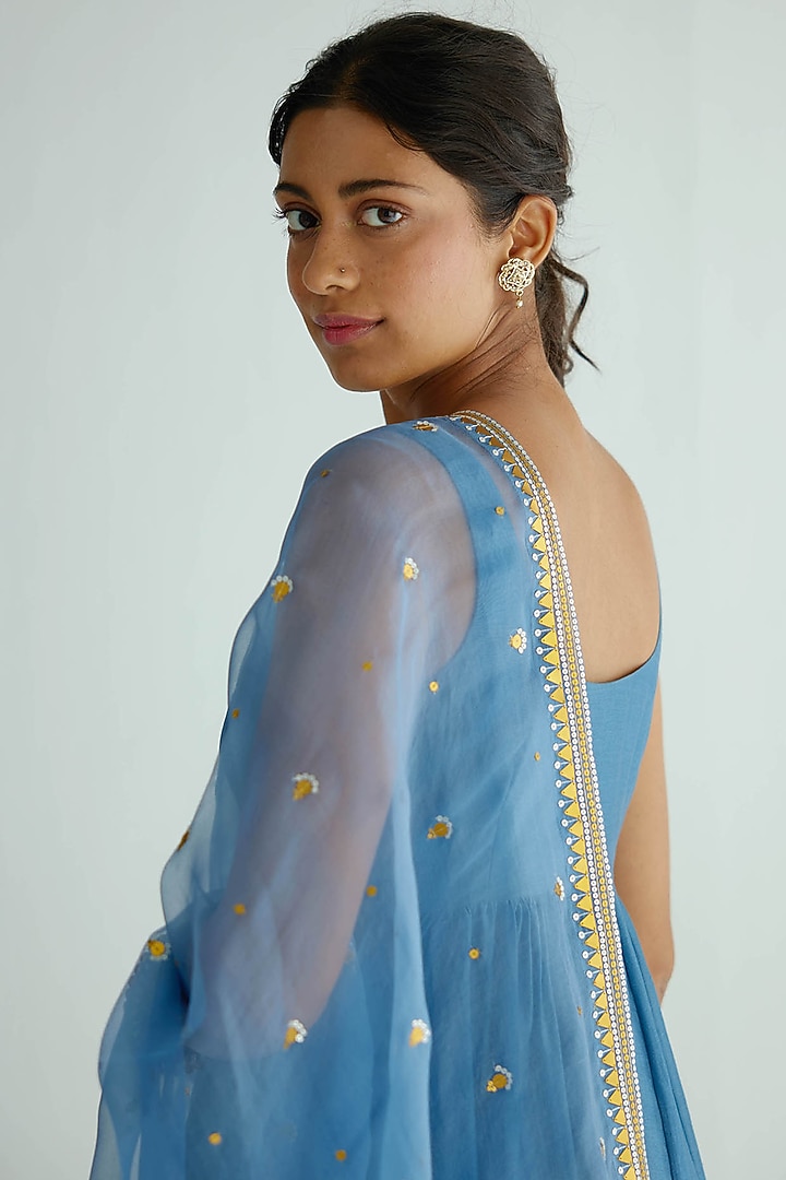 Blue Chanderi & Mul Mul Embroidered Party Wear Anarkali Set by Priyal Prakash at Pernia's Pop Up Shop
