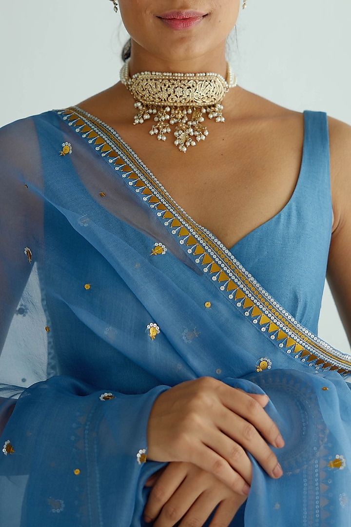 Blue Chanderi & Mul Mul Embroidered Party Wear Anarkali Set by Priyal Prakash at Pernia's Pop Up Shop