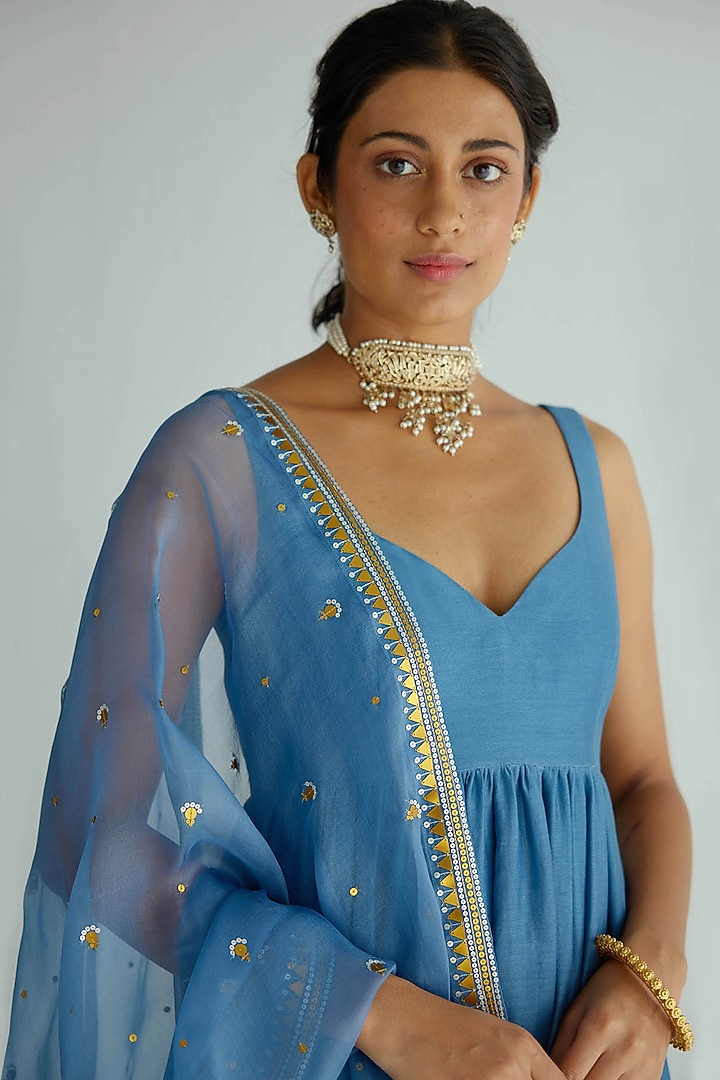 Blue Chanderi & Mul Mul Embroidered Party Wear Anarkali Set by Priyal Prakash at Pernia's Pop Up Shop