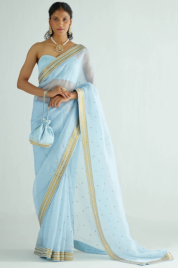 Powder Blue Silk Organza Embroidered Saree Set by Priyal Prakash