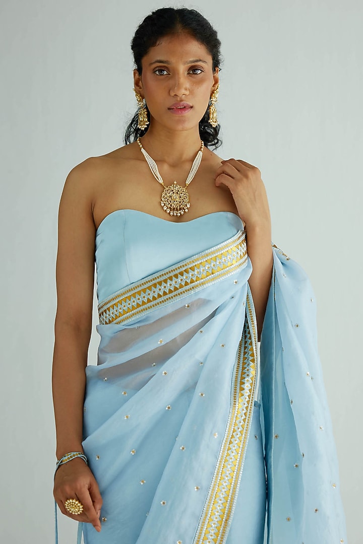 Powder Blue Silk Organza Embroidered Wedding Saree Set by Priyal Prakash at Pernia's Pop Up Shop