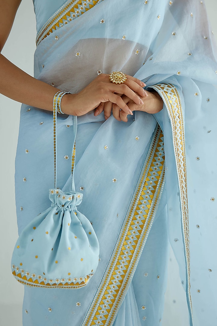 Powder Blue Silk Organza Embroidered Wedding Saree Set by Priyal Prakash at Pernia's Pop Up Shop