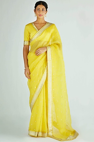 Pineapple Yellow Silk Organza Embroidered Saree Set by Priyal Prakash