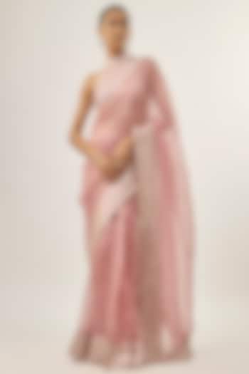 Onion Pink Silk Organza Sequins Embellished Wedding Saree Set by Priyal Prakash at Pernia's Pop Up Shop
