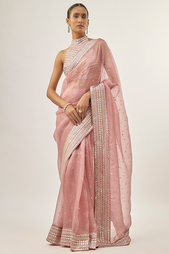 Onion Pink Silk Organza Sequins Embellished Wedding Saree Set by Priyal Prakash at Pernia's Pop Up Shop