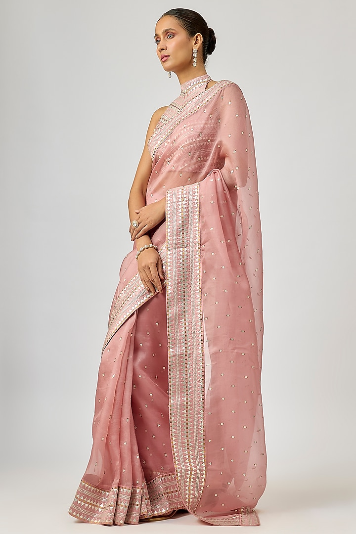 Onion Pink Silk Organza Sequins Embellished Wedding Saree Set by Priyal Prakash at Pernia's Pop Up Shop