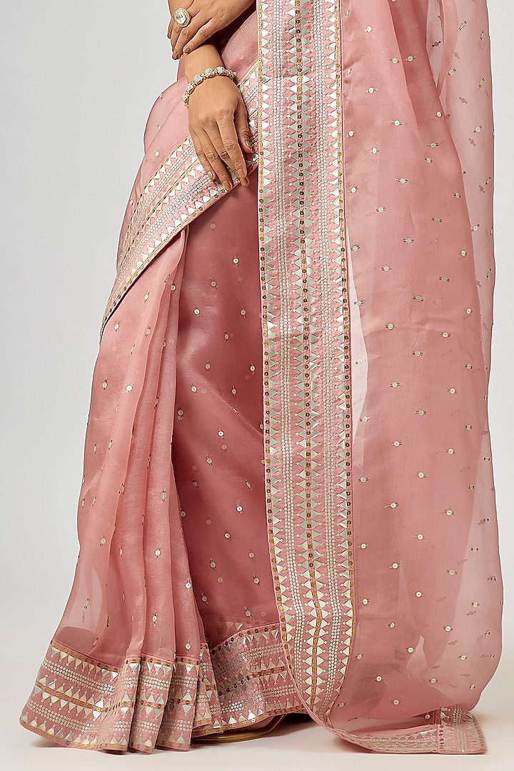 Onion Pink Silk Organza Sequins Embellished Wedding Saree Set by Priyal Prakash at Pernia's Pop Up Shop