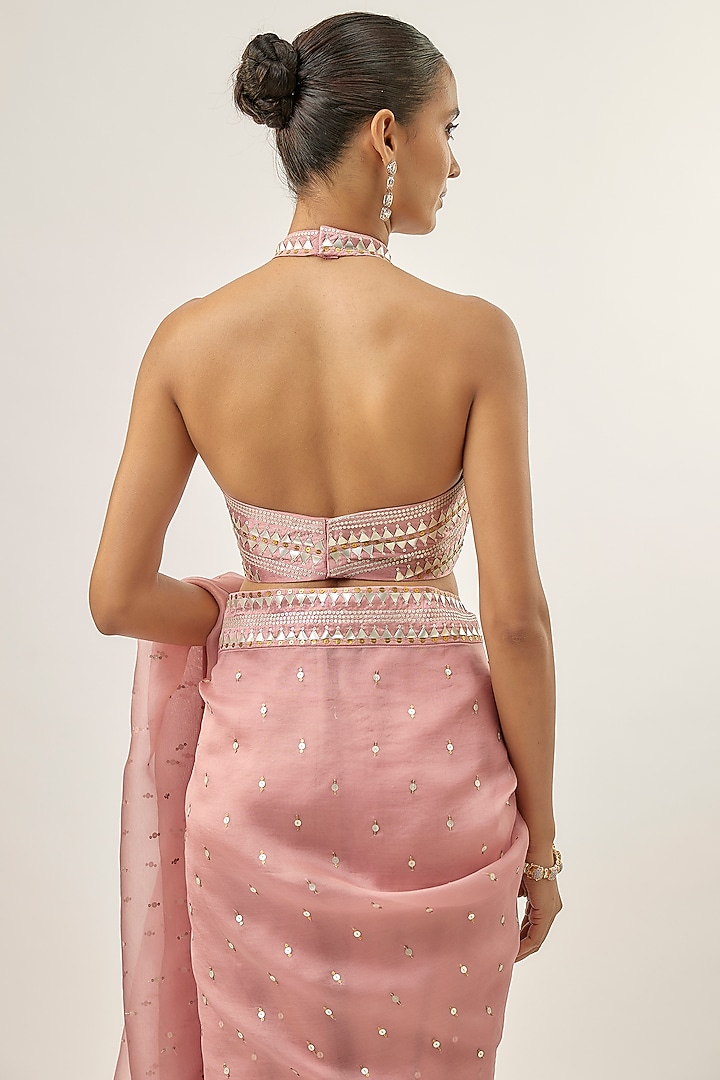 Onion Pink Silk Organza Sequins Embellished Wedding Saree Set by Priyal Prakash at Pernia's Pop Up Shop