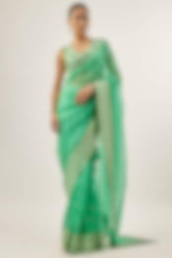 Sea Green Silk Organza Sequins Embellished Wedding Saree Set by Priyal Prakash at Pernia's Pop Up Shop