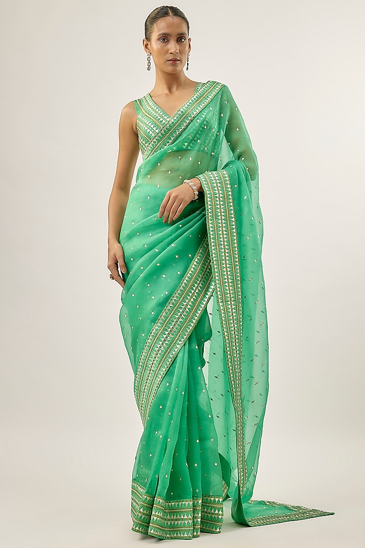 Sea Green Silk Organza Sequins Embellished Wedding Saree Set by Priyal Prakash at Pernia's Pop Up Shop
