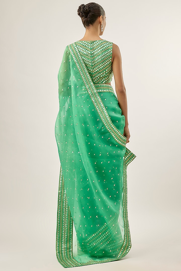 Sea Green Silk Organza Sequins Embellished Wedding Saree Set by Priyal Prakash at Pernia's Pop Up Shop