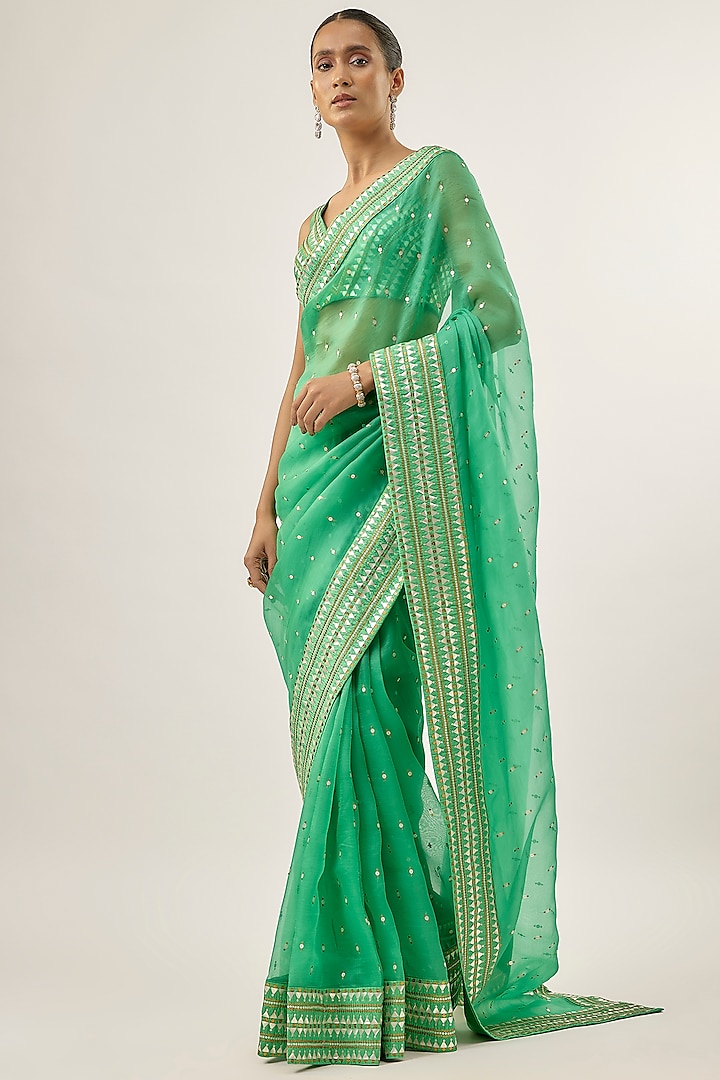 Sea Green Silk Organza Sequins Embellished Wedding Saree Set by Priyal Prakash at Pernia's Pop Up Shop
