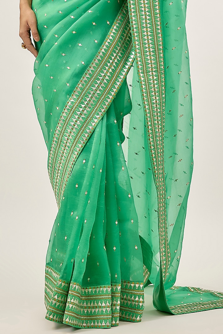 Sea Green Silk Organza Sequins Embellished Wedding Saree Set by Priyal Prakash at Pernia's Pop Up Shop