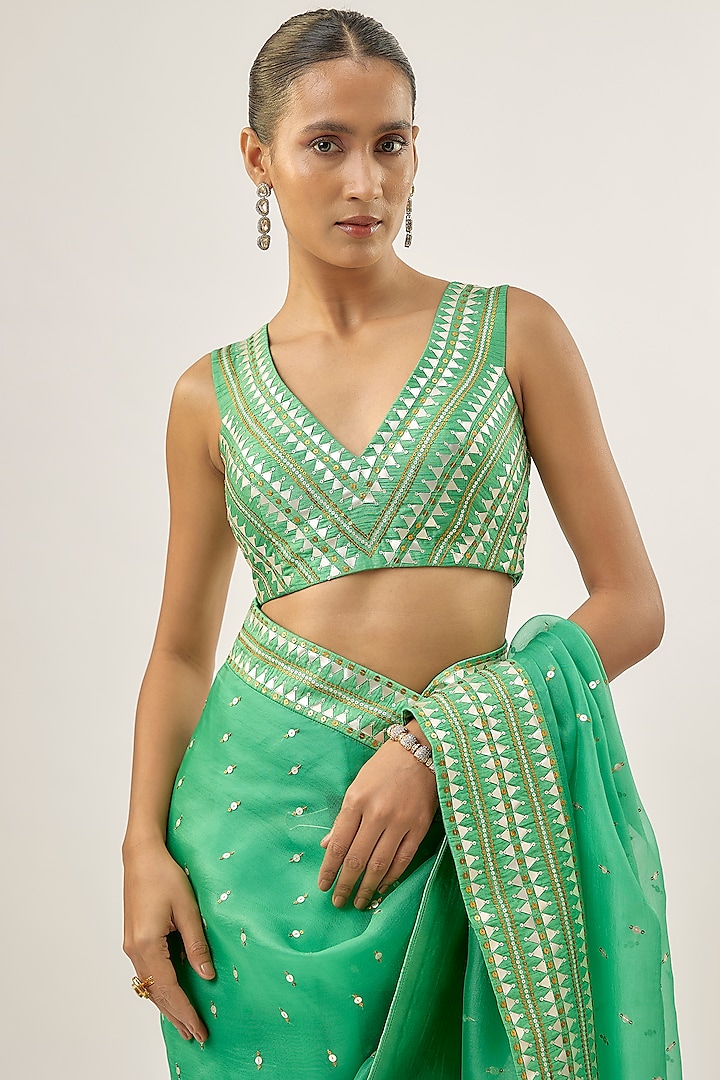Sea Green Silk Organza Sequins Embellished Wedding Saree Set by Priyal Prakash at Pernia's Pop Up Shop