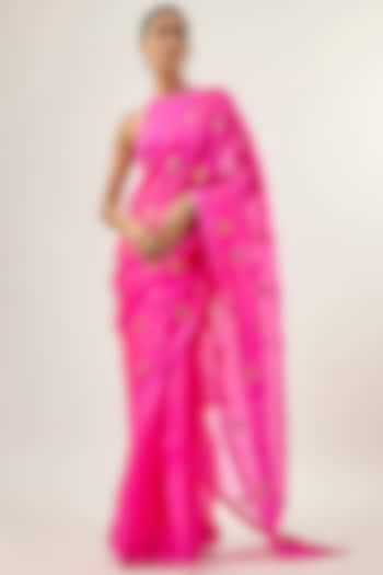 Magenta Silk Organza Hand Embroidered Party Wear Saree Set by Priyal Prakash at Pernia's Pop Up Shop