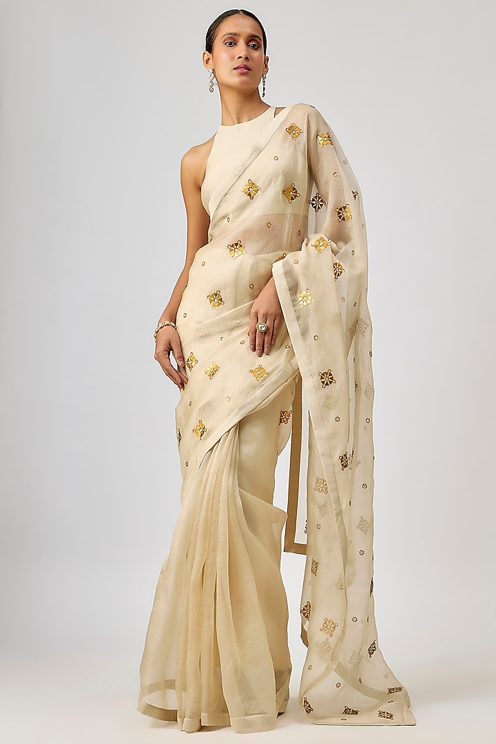 Beige Silk Organza Hand Embroidered Party Wear Saree Set by Priyal Prakash at Pernia's Pop Up Shop