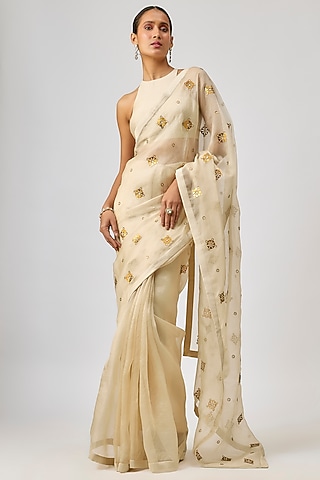 Beige Silk Organza Hand Embroidered Saree Set by Priyal Prakash