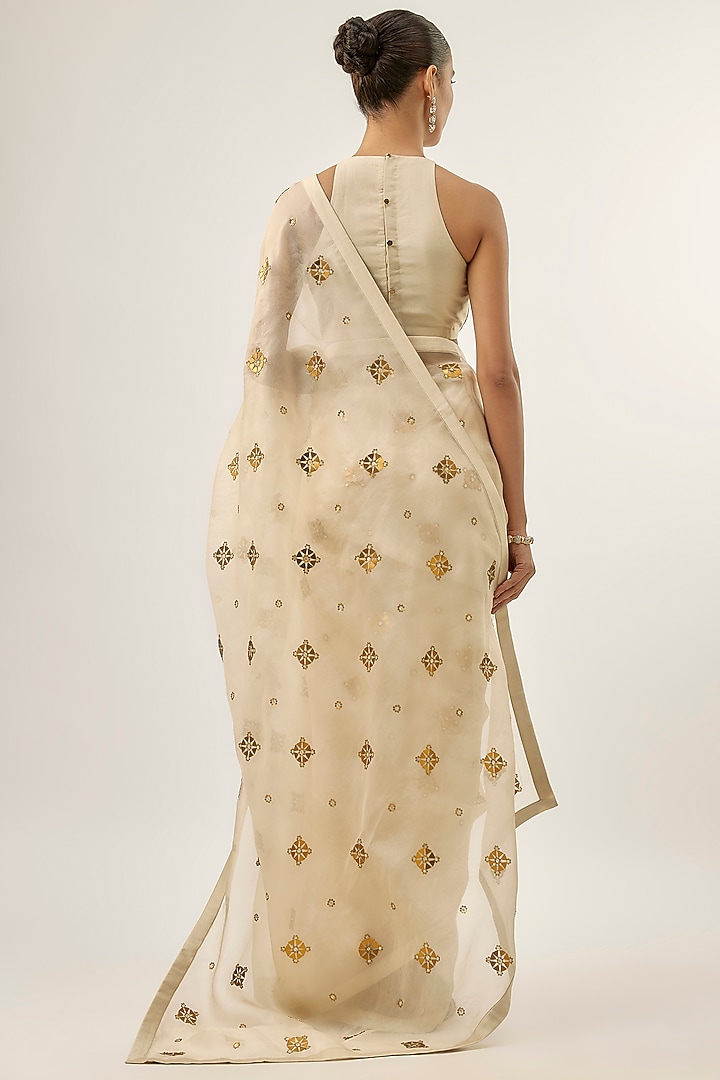 Beige Silk Organza Hand Embroidered Party Wear Saree Set by Priyal Prakash at Pernia's Pop Up Shop