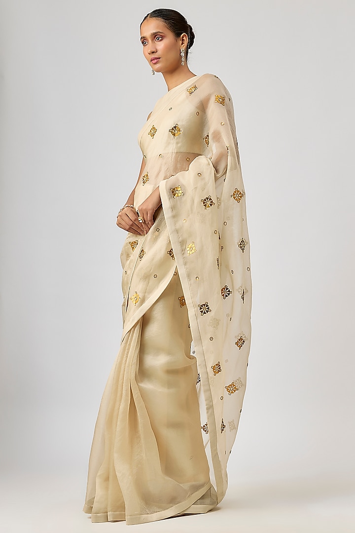 Beige Silk Organza Hand Embroidered Party Wear Saree Set by Priyal Prakash at Pernia's Pop Up Shop