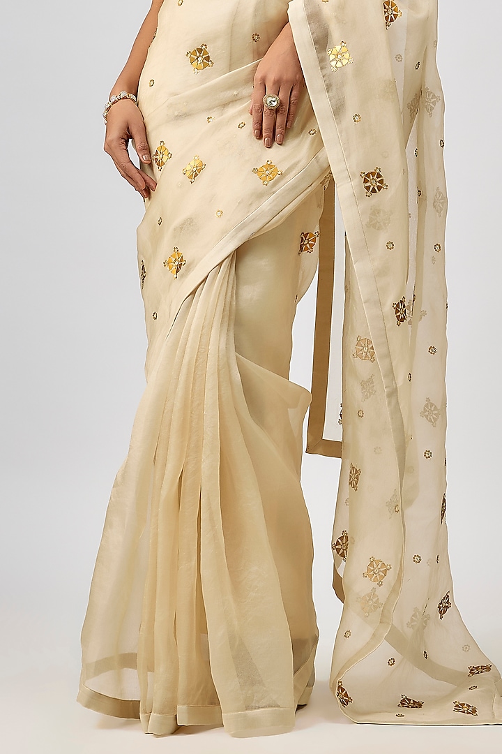 Beige Silk Organza Hand Embroidered Party Wear Saree Set by Priyal Prakash at Pernia's Pop Up Shop