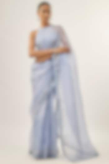 Hyacinth Blue Silk Organza Sequins Embellished Party Wear Saree Set by Priyal Prakash at Pernia's Pop Up Shop