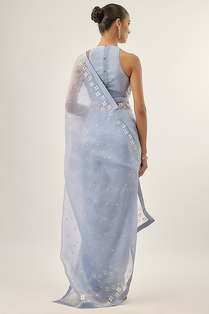 Hyacinth Blue Silk Organza Sequins Embellished Party Wear Saree Set by Priyal Prakash at Pernia's Pop Up Shop