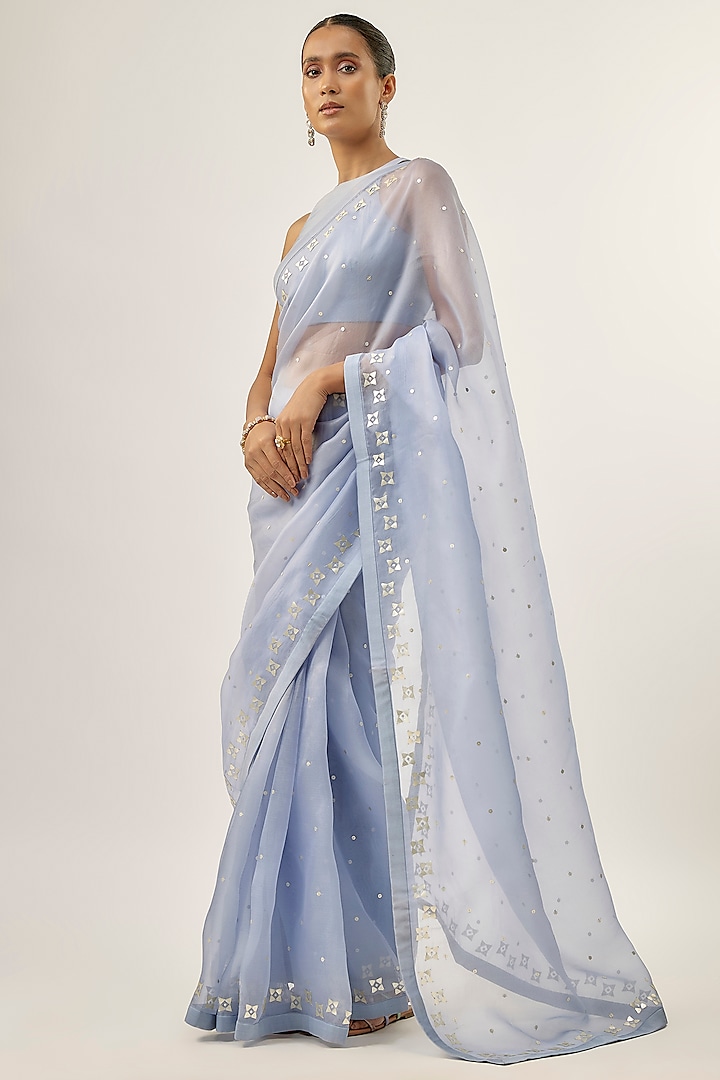 Hyacinth Blue Silk Organza Sequins Embellished Party Wear Saree Set by Priyal Prakash at Pernia's Pop Up Shop