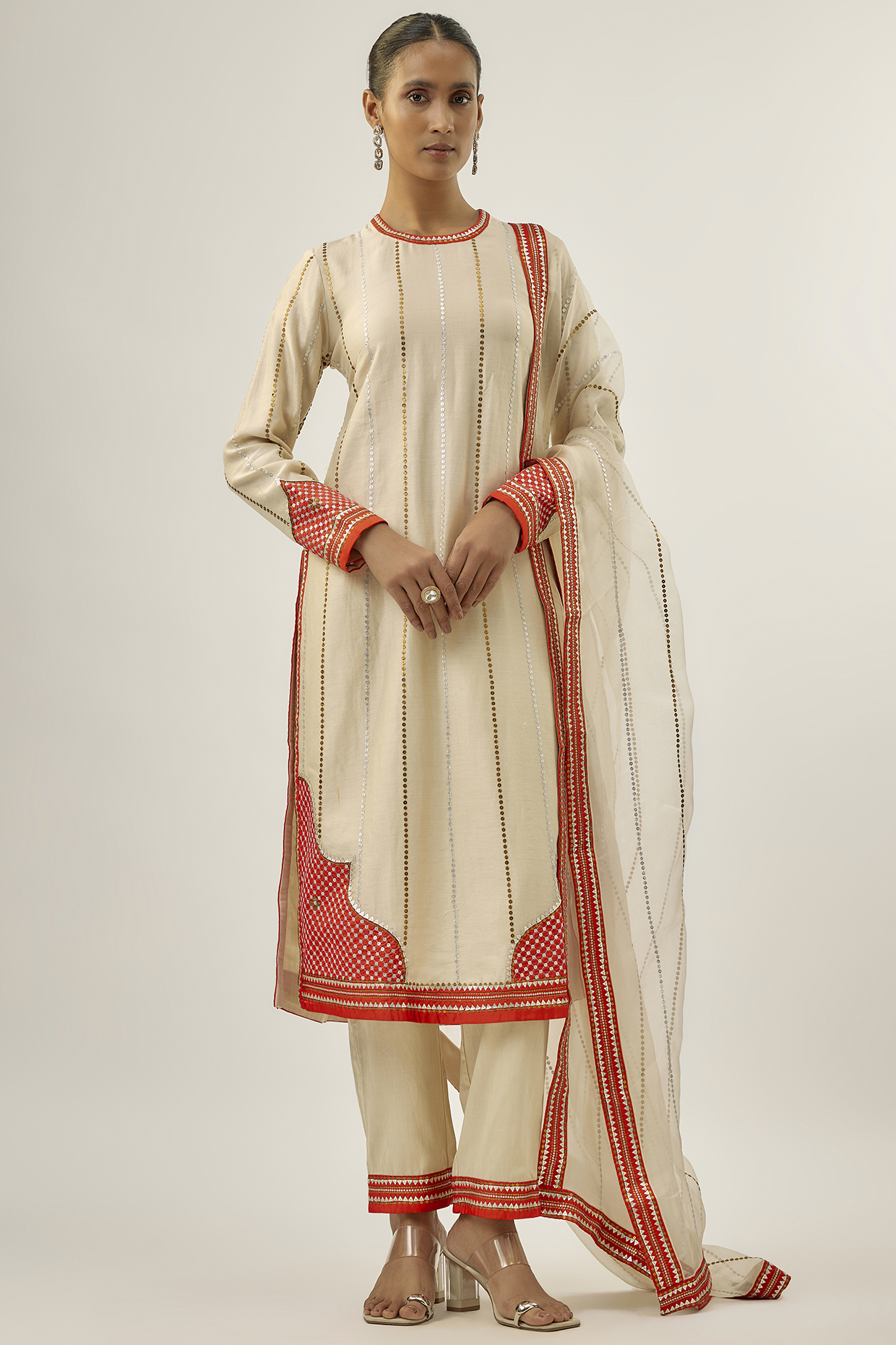 Ivory & Orange Chanderi Sequins Embellished Kurta Set by Priyal Prakash at Pernia's Pop Up Shop