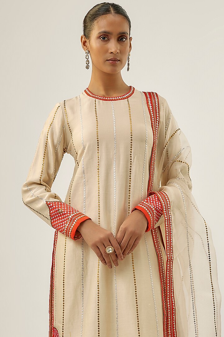 Ivory & Orange Chanderi Sequins Embellished Kurta Set by Priyal Prakash at Pernia's Pop Up Shop