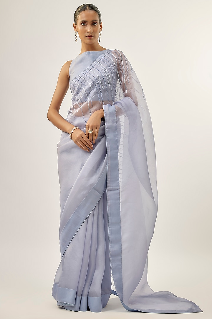 Hyacinth Blue Silk Organza Embellished Party Wear Saree Set by Priyal Prakash at Pernia's Pop Up Shop