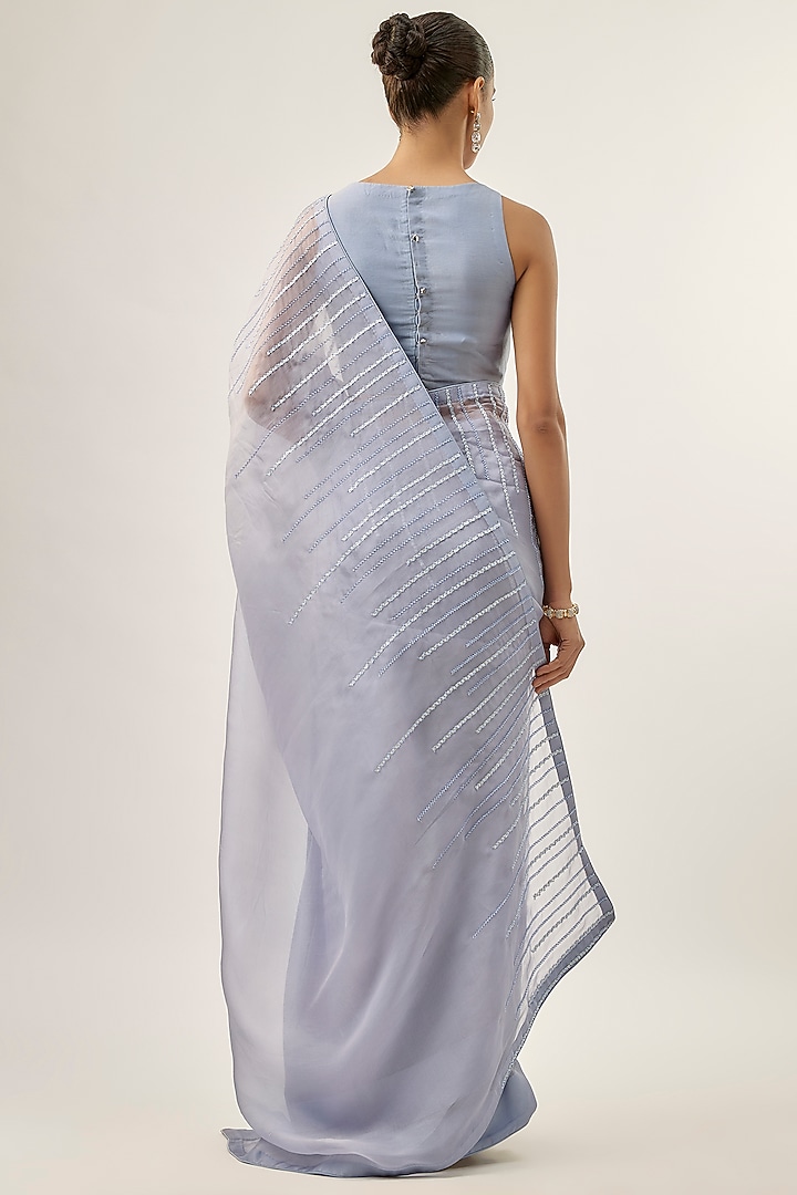 Hyacinth Blue Silk Organza Embellished Party Wear Saree Set by Priyal Prakash at Pernia's Pop Up Shop