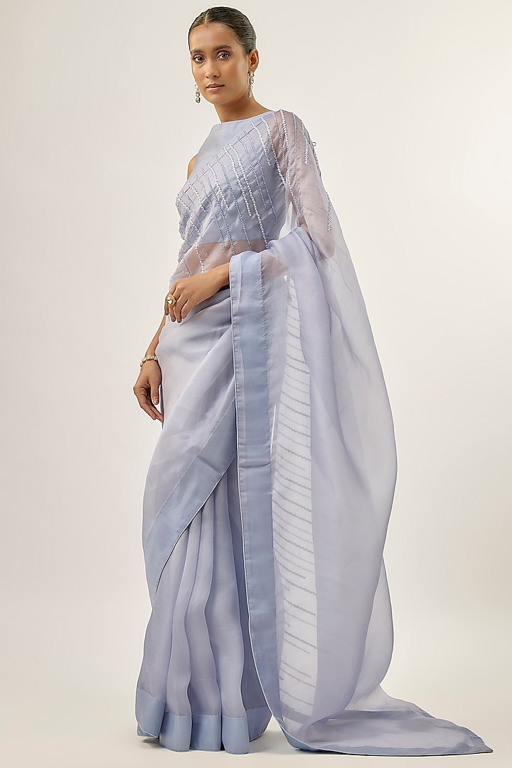 Hyacinth Blue Silk Organza Embellished Party Wear Saree Set by Priyal Prakash at Pernia's Pop Up Shop