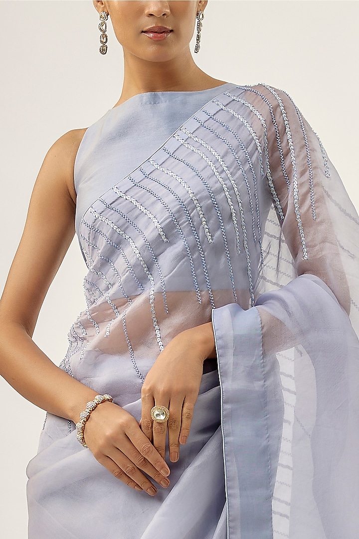 Hyacinth Blue Silk Organza Embellished Party Wear Saree Set by Priyal Prakash at Pernia's Pop Up Shop