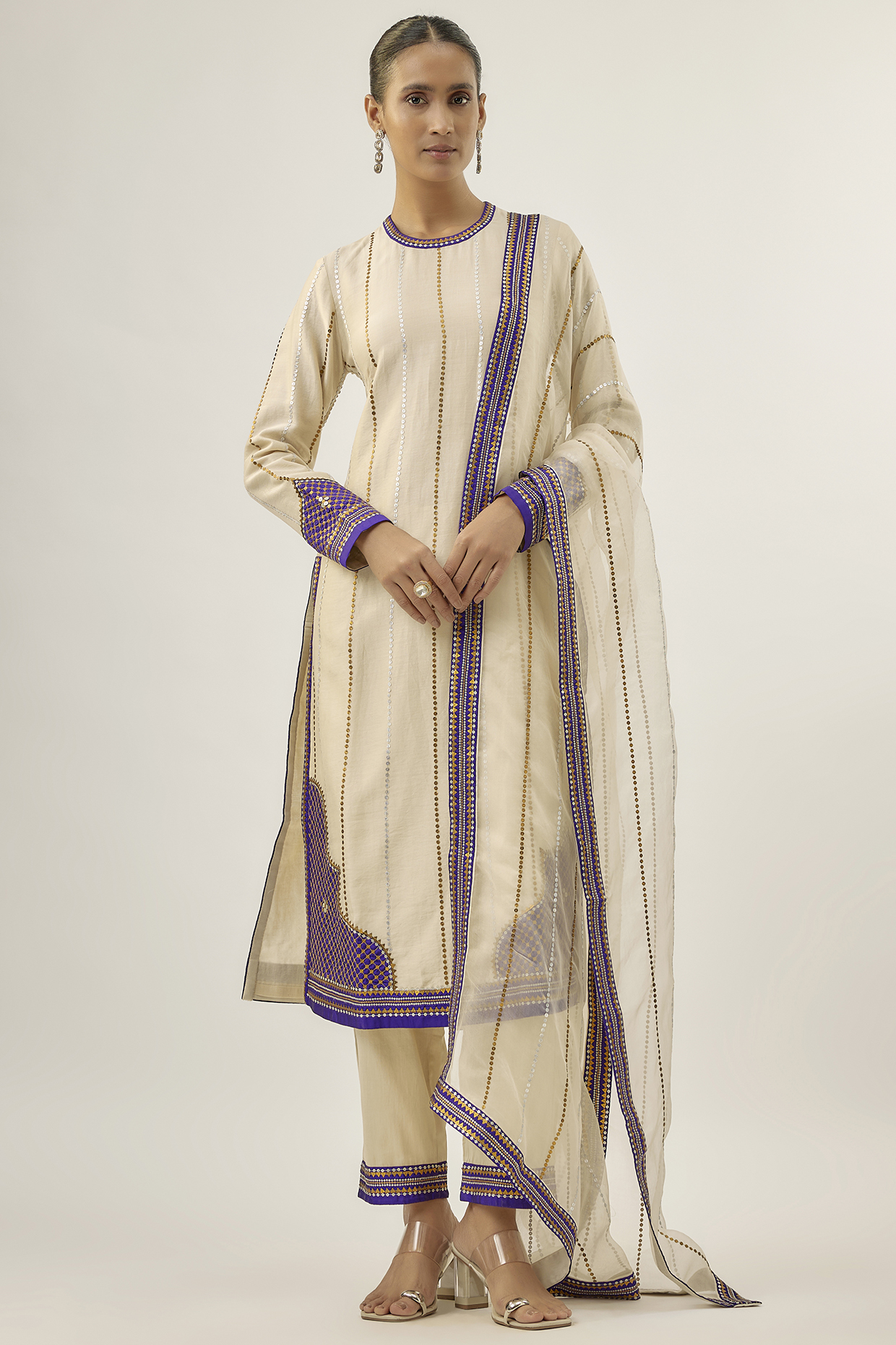 Ivory & Violet Chanderi Sequins Embellished Kurta Set by Priyal Prakash at Pernia's Pop Up Shop