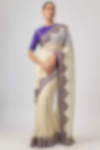 Ivory & Violet Silk Organza Hand Embroidered Wedding Saree Set by Priyal Prakash at Pernia's Pop Up Shop
