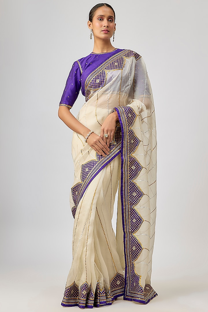 Ivory & Violet Silk Organza Hand Embroidered Wedding Saree Set by Priyal Prakash at Pernia's Pop Up Shop