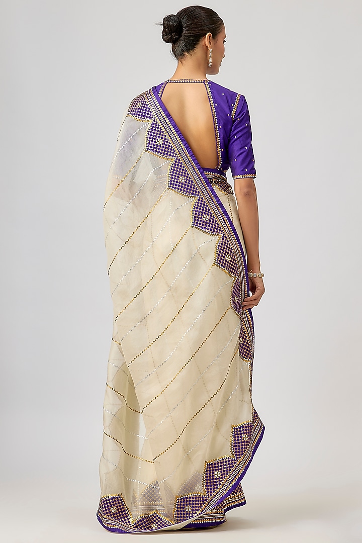 Ivory & Violet Silk Organza Hand Embroidered Wedding Saree Set by Priyal Prakash at Pernia's Pop Up Shop