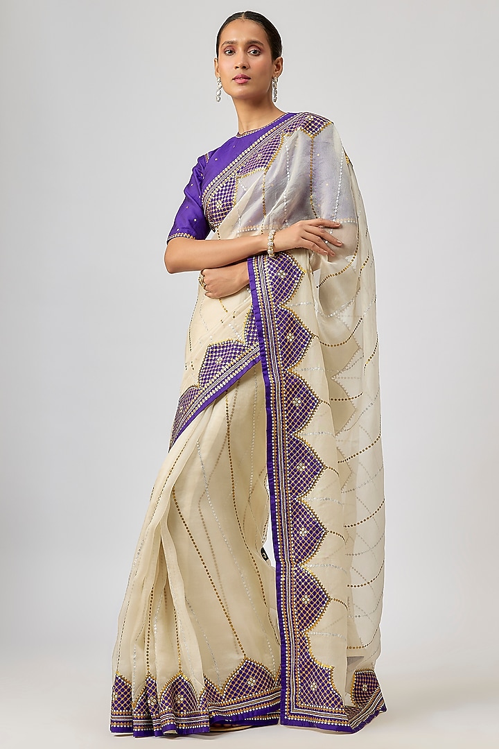 Ivory & Violet Silk Organza Hand Embroidered Wedding Saree Set by Priyal Prakash at Pernia's Pop Up Shop