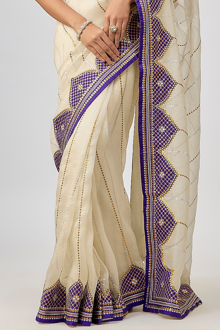 Ivory & Violet Silk Organza Hand Embroidered Wedding Saree Set by Priyal Prakash at Pernia's Pop Up Shop