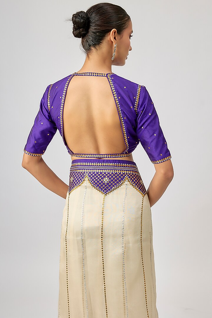 Ivory & Violet Silk Organza Hand Embroidered Wedding Saree Set by Priyal Prakash at Pernia's Pop Up Shop