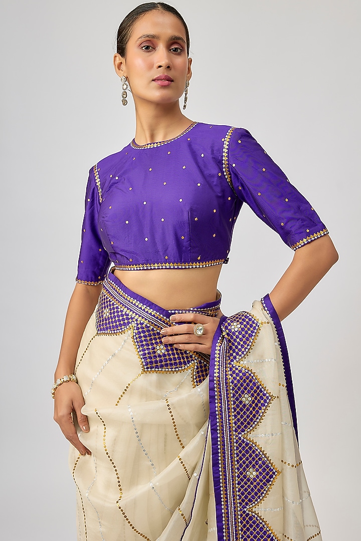 Ivory & Violet Silk Organza Hand Embroidered Wedding Saree Set by Priyal Prakash at Pernia's Pop Up Shop