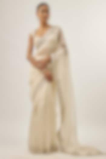 Ivory Silk Organza Zardosi Embellished Wedding Saree Set by Priyal Prakash at Pernia's Pop Up Shop