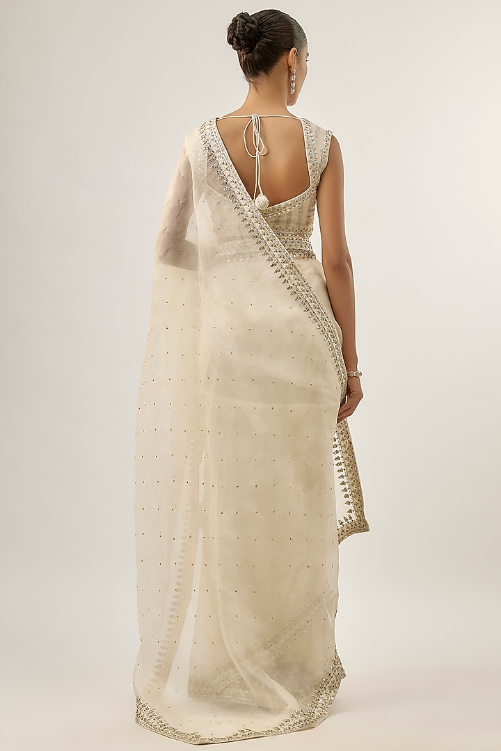 Ivory Silk Organza Zardosi Embellished Wedding Saree Set by Priyal Prakash at Pernia's Pop Up Shop