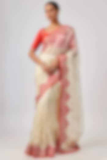 Ivory & Orange Silk Organza Hand Embroidered Wedding Saree Set by Priyal Prakash at Pernia's Pop Up Shop