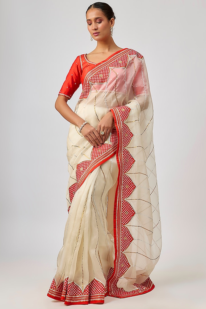 Ivory & Orange Silk Organza Hand Embroidered Wedding Saree Set by Priyal Prakash at Pernia's Pop Up Shop