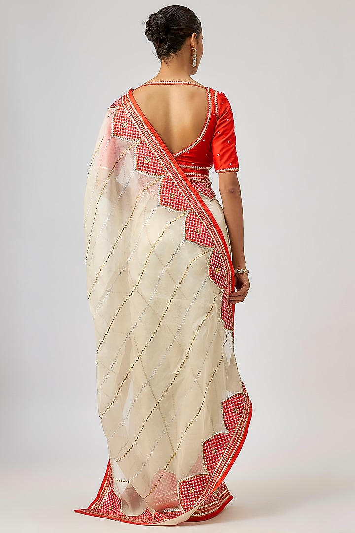 Ivory & Orange Silk Organza Hand Embroidered Wedding Saree Set by Priyal Prakash at Pernia's Pop Up Shop